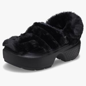 CROCS Stomps Black Faux Fur Platform Clogs. Womens Size 8